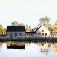 a house sitting on the side of a lake next to a lush green field and forest