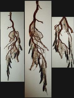 three pictures of dried leaves hanging on a wall