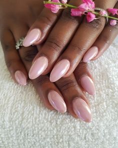 Glazed Short Nails, Light Pink With Chrome Nails, Bridesmaid Nails Pink, Simple Almond Nails Short, Sheer Pink Oval Nails, Builder Gel Extension Nails, Cherry Gel Nails, Neutral Gel Extension Nails, Hard Gel Nails Natural