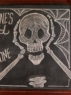 a chalk drawing of a skull and two crossed bones on a blackboard with words written below it