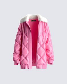 There's really nothing like a pink-quilted, faux leather jacket with a vegan fur collar 💕 Complete with slight padding, and a front zipper, you'll not only be the baddest b*tch but you’ll be the warmest too 😝 Pink Winter Jacket, Fuzzy Skirt, White Corset Dress, The Baddest, Red Mini Skirt, Pink Quilts, Outerwear Outfit, Pink Jacket, Faux Leather Jacket