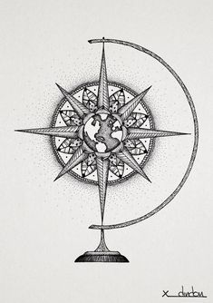 a drawing of a compass with the earth in it's center and stars around it