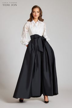 Color_White Black Modern Terno Dress, Skirt And Top Bridesmaid Dresses, Skirt Formal Outfit, Black Long Sleeve Gown, Long Taffeta Skirt, Full Black Skirt, Elegant Shirt Dress, Black Full Skirt, Gown Accessories