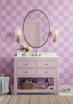 a bathroom vanity with a mirror and two lights