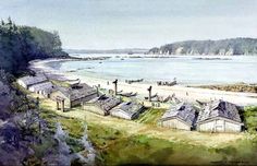 an artist's rendering of a village on the beach with boats in the water