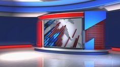 a news studio with two televisions and red, white, and blue colors on the walls