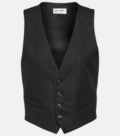 Cropped pinstripe wool vest in black - Saint Laurent | Mytheresa Black Outerwear, Paris Woman, Cropped Vest, Wool Vest, Outerwear Vest, Vest White, Sleeveless Vest, Outerwear Women, Sweater Vest