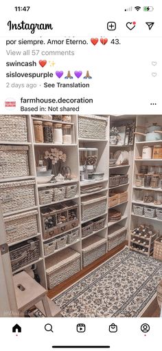 an instagramted photo of a closet with baskets and other items on the shelves