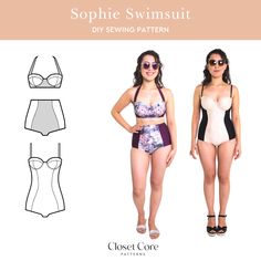 two women's swimsuits and one woman's bathing suit are shown