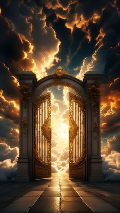 an open gate leading into the sky with clouds in the background and sun shining through