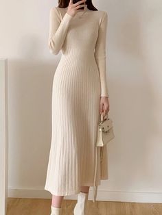 Color: Apricot, Size: M Elegant Winter Dresses, Dressing Aesthetic, Twin Outfit, Knitted Dress Outfit, Cozy Dress Outfit, Classy Wear, Classy Winter Outfits, Twin Outfits, Cute Dress Outfits