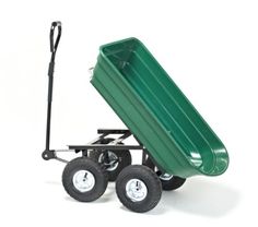 a green wagon with wheels and a large wheelbarrow attached to the side, on a white background