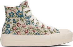 High-top gobelin sneakers in white. Jacquard floral pattern throughout. · Rubber cap toe · Lace-up closure · Logo patch and eyelets at inner side · Mesh lining · Cushioned EVA insole · Logo patch at heel · Treaded rubber platform sole · Platform: H1.5 Supplier color: Egret/Natural Ivory/Black Red High Top Converse, White Chuck Taylors, White Chucks, Converse Platform, Red High Tops, Chuck Taylor All Star Lift, Converse White, Floral Tapestry, Sneaker Collection