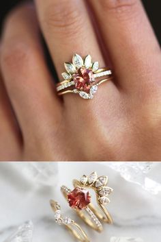 two different views of an engagement ring and the same one with a flower on it