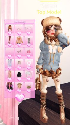 an animated doll is standing in front of a pink display board with clothes and accessories on it