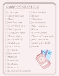 Not sure if your forgetting something? Here’s a printable list of everything you might need to put in your carry on. #essentials #vacation #minimalist #packinghacks #airplane #luggage Essential For Travel Packing Lists, Things To Pack For Vacation Carry On, Flight Trip Essentials, Things To Pack In Your Carry On Bag, Backpack List For Travel, Necessities For Traveling, Airplane Luggage Packing, Airplane Needs Tips, Traveling Carry On Essentials