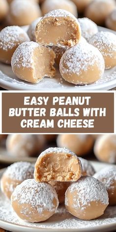 an easy peanut butter balls with cream cheese are on a white plate and the words, easy peanut butter balls with cream cheese