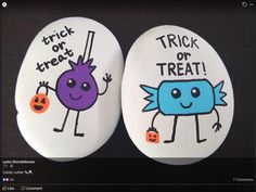 two painted rocks that say trick or treat