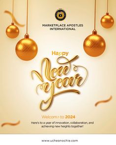 a happy new year card with gold ornaments hanging from strings and the words happy new year written