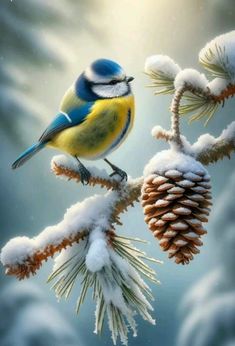 a blue bird perched on top of a pine cone covered tree branch in the snow