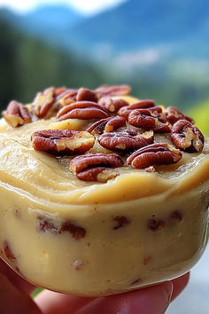 a hand holding up a dessert with pecans on top