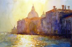 a painting of the sun shining down on some buildings and water in venice, italy