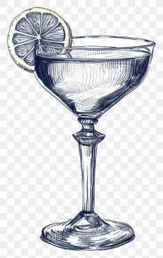 a drawing of a martini glass with a slice of lemon on the rim, transparent background