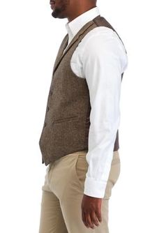 Woven from a soft blend of wool and featured in a classic design, this button-front vest from Crown & Ivy is ideal for layering over any shirt for a solid look. | Crown & Ivy Men's Donegal Knit Vest, Brown, Medium Brown Wool Vest For Business, Classic Wool Sweater Vest For Fall, Casual Wool Vest With Buttons, Formal Cotton Vest For Fall, Classic Fitted Vest For Layering, Classic Winter Vest For Semi-formal Occasions, Classic Winter Business Casual Vest, Casual Tweed Vest For Winter, Classic Semi-formal Fall Vest