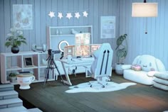 the room is decorated in pastel colors and has wooden floors, white furniture, and lights