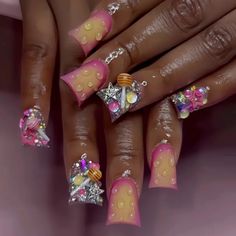 Pink & Yellow Airbrushed Set Junk Nails Short Nail Sets With Charms, 2000s Birthday Nails, Light Pink Diamond Nails, Custom Nail Sets, Junky Charm Nails Short, Shortie Junk Nails, Pink Nails No Charms, Very Square Nails, Lolipop Nails Designs