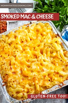 baked macaroni and cheese in a casserole dish with text overlay