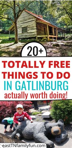 two children playing in front of a log cabin with text overlay reading 20 totally free things to do in gatlinburg actually worth doing