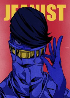 a man in blue is holding his hand up to his face with the words jeanist on it