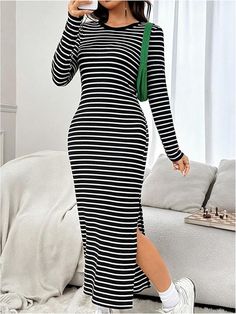 Indulge in effortless elegance with our Black Striped Long Sleeve Knit Maxi Dress! Made from high-quality, soft knit fabric, this dress features chic black stripes and long sleeves for a versatile look. Perfect for any occasion, from a casual day out to a formal event. Elevate your style today! 95% Cotton, 5% Elastane Care instructions Hand/Machine Wash Brand Size Dress Bust Waist Hip XS 0-2 31-32.5'' 23-24'' 31-34" S 4--6 33-35'' 25-26'' 35-37" M 8--10 35-36'' 27-28'' 38-39" L 12--14 38-40'' 29-31'' 40-42" XL 14-16 40-42'' 33.5-36'' 44-46" 2XL 18-20 42-44'' 37-40'' 47-50" 3XL 22-24 44-46'' 41-46'' 51-55" 4XL 26-28 46-48'' 47-50'' 56-60" Black Ribbed Long Sleeve Midi Dress, Black Long Sleeve Ribbed Midi Dress, Chic Striped Ribbed Midi Dress, Fall Striped Knee-length Midi Dress, Chic Ribbed Striped Midi Dress, Fall Striped Ribbed Dresses, Chic Striped Long Sleeve Midi Dress, Trendy Striped Long Sleeve Dress, Spring Striped Long Sleeve Sweater Dress