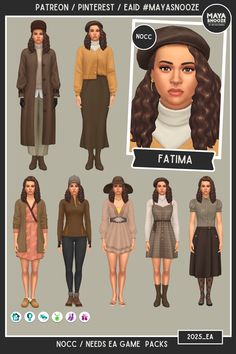 an image of some women in different outfits and hats for the simse game, fatma