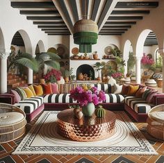 a living room filled with lots of furniture and flowers on top of a coffee table