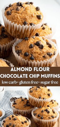 chocolate chip muffins stacked on top of each other with text overlay reading almond flour chocolate chip muffins low carb gluen free sugar free