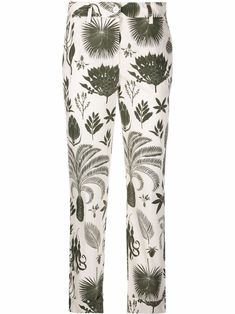 green cotton all-over graphic print hook and zip fly fastening cropped belt loops Shades Of Beige, Printed Trousers, Emerald City, Pants Straight, Green Cotton, Straight Leg Pants, Bottoms Pants, Graphic Prints, Womens Bottoms