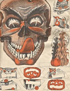 an old poster with scary faces and pumpkins on it's sides, including a creepy face