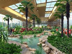 an indoor garden with palm trees and water features in the foreground, surrounded by greenery