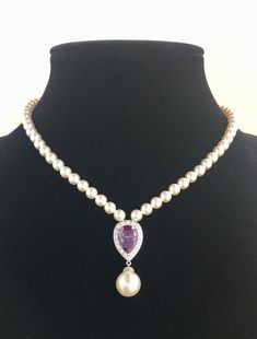 Pearl And Amethyst Necklace, Pearl Backdrop, Backdrop Necklace Wedding, Backdrop Necklace, Root Cellar, Crystal Wedding Jewelry, Backdrops Necklace, Jewelry Purple, Bridal Pearl Necklace