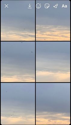 multiple shots of birds flying in the sky at sunset or dawn, with different clouds