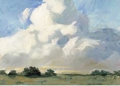 an oil painting of clouds in the sky over a grassy field with trees and bushes