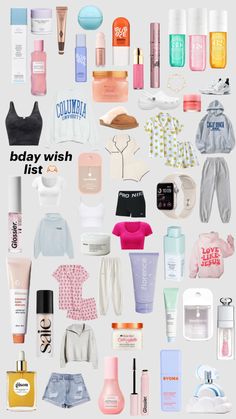 the contents of a woman's bag are shown in this collage with text that reads, body wish list