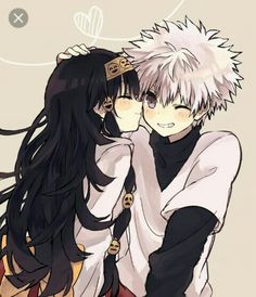 two anime characters hugging each other in front of a white background with long black hair