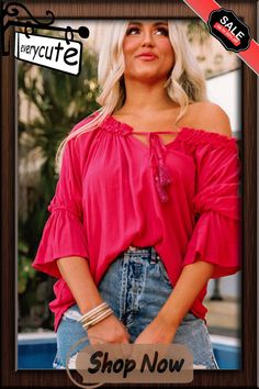 Rose Frilled Split V Neck Ruffled Sleeve Shift Top Pink Summer Peasant Top For Day Out, Summer Pink Peasant Top For Day Out, Chic Pink Peasant Top For Summer, Pink Peasant Top For Summer, Neck Ruffle, Top Women, Women Tops, No Frills, Shirt Blouses