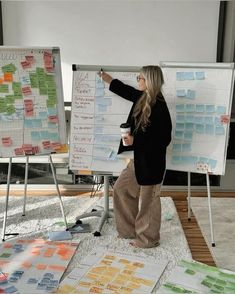 a woman standing in front of a whiteboard with sticky notes on it and writing on the board