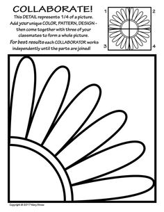 a coloring page with an image of a flower in the center and text that reads collabrate