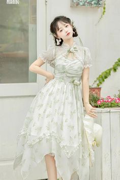 Lily of the Valley Spring Short Sleeves Jacquard Print Bowknot Irregu – LolitaInside Green Lily Of The Valley, White Rose Corsage, Rose Corsage, Handkerchief Hem Dress, Bolero Dress, Punk Dress, Spring Shorts, Jumper Skirt, White Short Dress