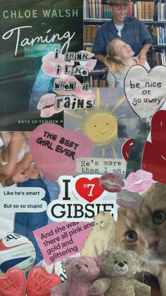 a collage of pictures with cats, teddy bears and children's names on them